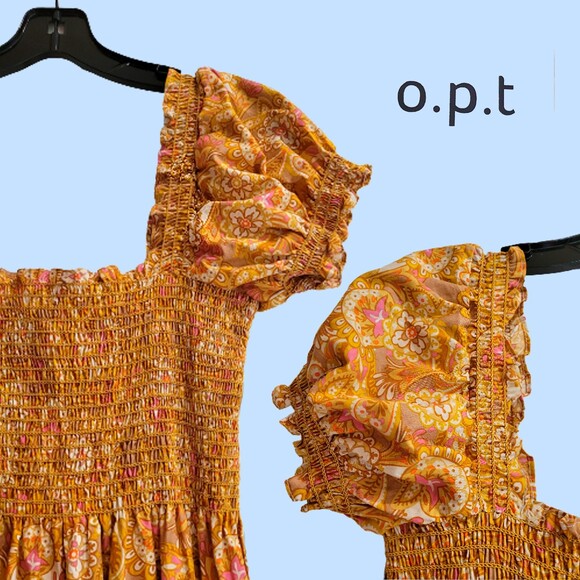 O.P.T by Anthropologie NEW Boho Floral Smock Puff Sleeve Tier Midi Dress S - Picture 4 of 12